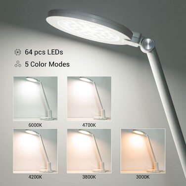 LED настільна лампа JUKSTG 12W з торканням, диммуванням, 5 кольорів, захистом для очей, для офісу, читання, роботи, дітей (біла)
