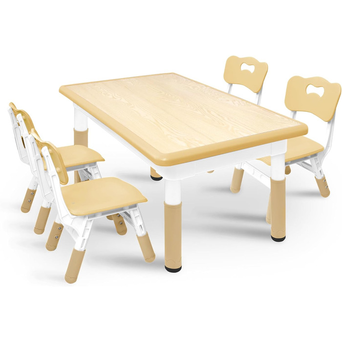 Дитячий стіл з 4 стільцями AufuN, регульована висота, набір для дитячої кімнати, садка, класів, легко миється, пластикові меблі, коричневий