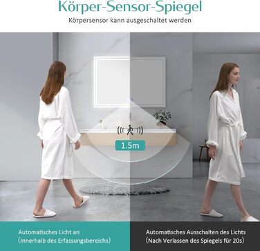 Дзеркало для ванної кімнати EMKE з підсвічуванням 80x60 см, LED, з датчиком руху, сенсорне, проти запотівання, 3 кольори світла, регулювання яскравості, таймер 1 год, IP44, енергозберігаюче