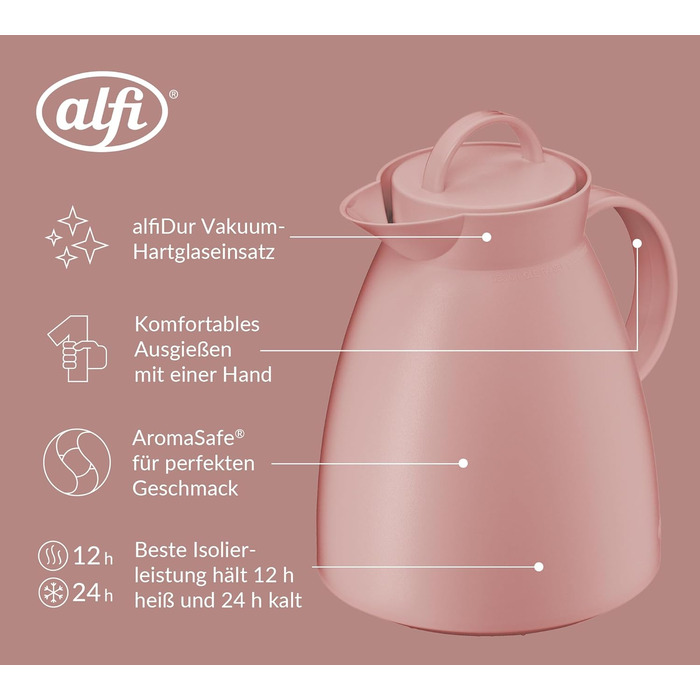 Термос Alfi DAN 1.0 л, рожевий (Ash Rose), пластиковий з термоізоляцією, з скляною вставкою, з кришкою-поворотом, дизайнерський, без BPA, для кави та чаю