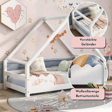 Ліжко дитяче Merax 90x200 см, будиночок з ламелями, захистом від падіння, для хлопчиків та дівчаток, біле