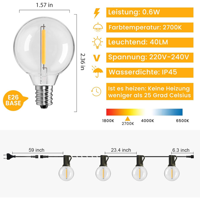 Гірлянда світлодіодна зовнішня 45м, 50+2 лампочки G40, тепле світло, IP45, для тераси, саду, вечірки, балкону, Едісон-стиль, з'єднується | Чорний колір
