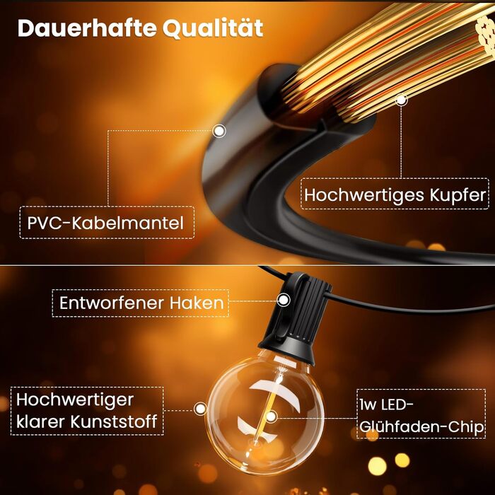 Гірлянда світлова зовнішня диммирувана 60м, G40 LED, 104 пластикові лампочки, вологостійка IP45, для саду, тераси, дерев, вечірок, 2700K тепле біле світло (2x30м), з пультом керування