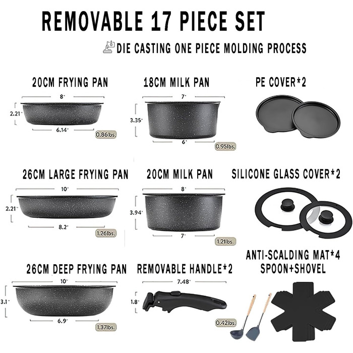 Набір каструль 17 предметів з знімними ручками: посуд для приготування їжі, набір каструль для індукційних плит, антипригарне покриття, підходить для всіх типів плит, придатний для миття в посудомийній машині (молочно-білий) (чорний)