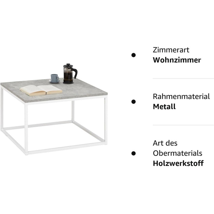 Журнальний столик Новий стіл для вітальні з елегантним металевим каркасом, журнальний столик 67 х 67 см (бетонний вигляд/білий)