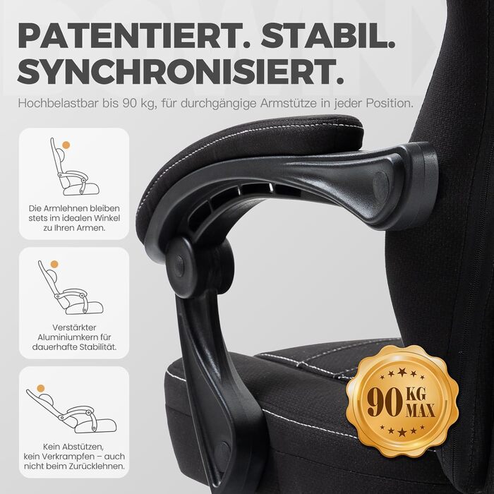 Ігровий крісло Dowinx з тканинною оббивкою, гелевою подушкою та пружинним блоком, ергономічний офісний крісло з підніжкою, масажний ігровий крісло для дорослих (Чорний)