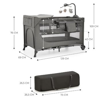 Дитяче туристичне ліжко Kinderkraft JOY 2в1, компактне розкладне, з колесами, темно-сіре