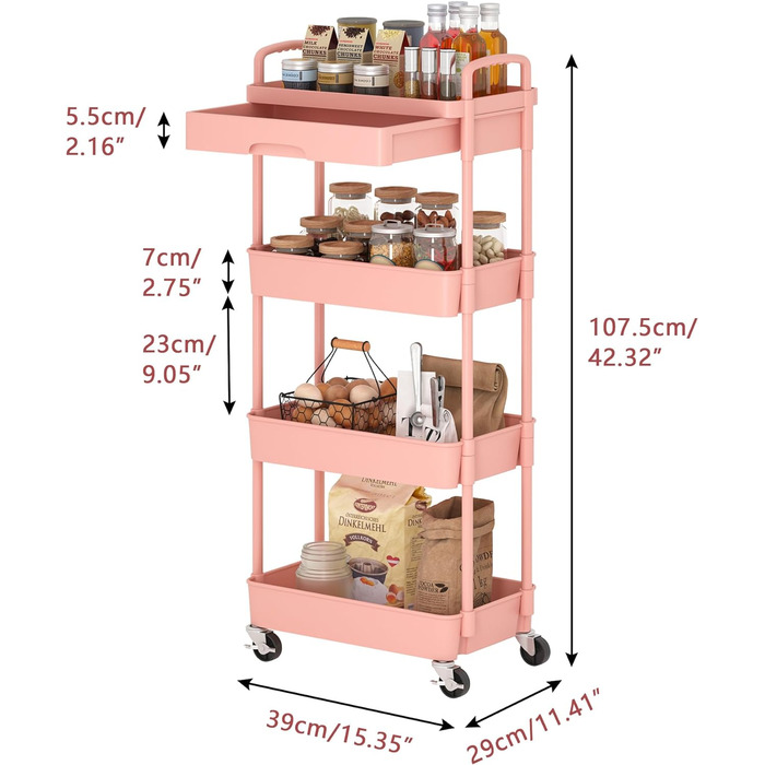 Практичний ручний візок з ящиками, 4-рівневий, пластикові полиці, для офісу, кухні, ванної кімнати, рожевий