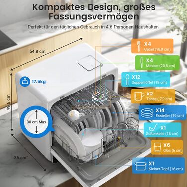 Міні посудомийна машина BLITZHOME з сенсорним керуванням, 9 програм, портативна для кемпінгу, 5.2L, з/без підключення до води, сушка, відкладений старт