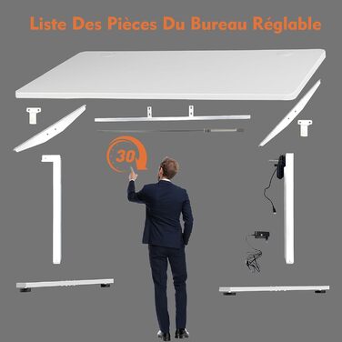 Електричний регульований стіл Pachira 120x60 см з пам'яттю та LED-дисплеєм, з гачками та кабелеуправлінням, ергономічний для дому/офісу, білий