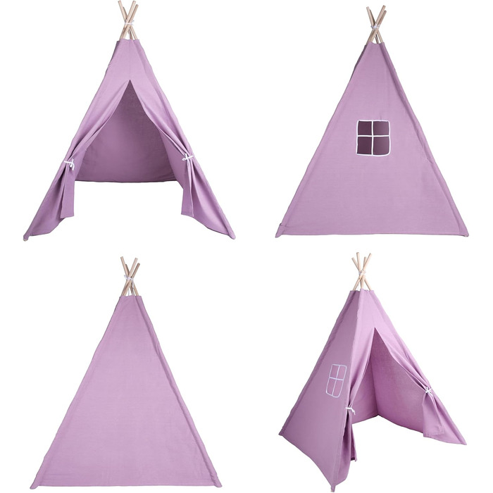Дитячий намет-тіпі у фіолетовому кольорі | Ігровий намет-тіпі для дівчаток та хлопчиків, 140 x 120 см, бавовняний тканний матеріал зі зірочками та килимком
