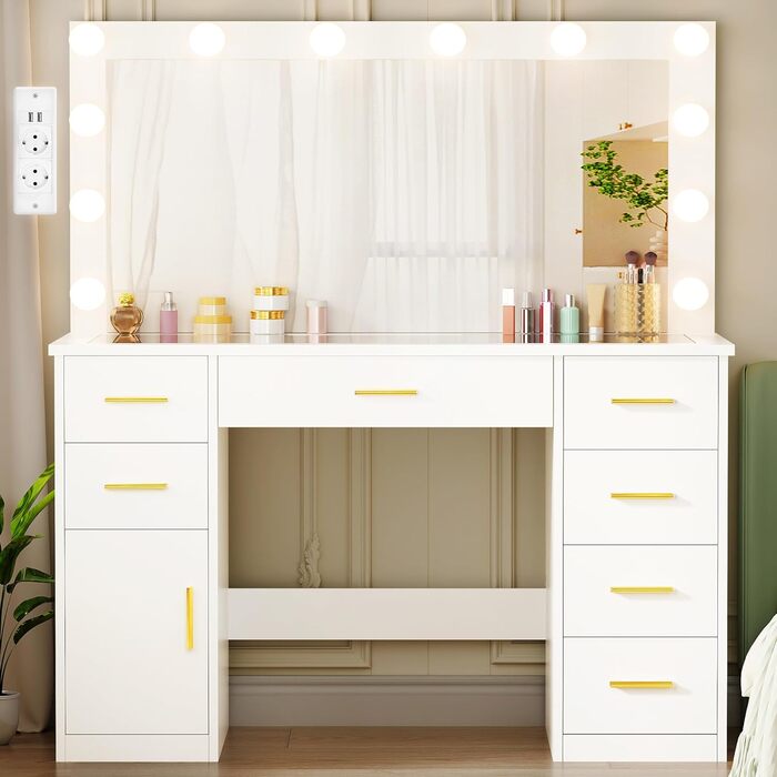 Великий туалетний столик ANWBROAD з регульованою LED-підсвіткою 3 кольорів та розеткою. Сучасний туалетний столик з дзеркалом, 7 ящиків, білий, 140x110x40 см. Модель BDT83W