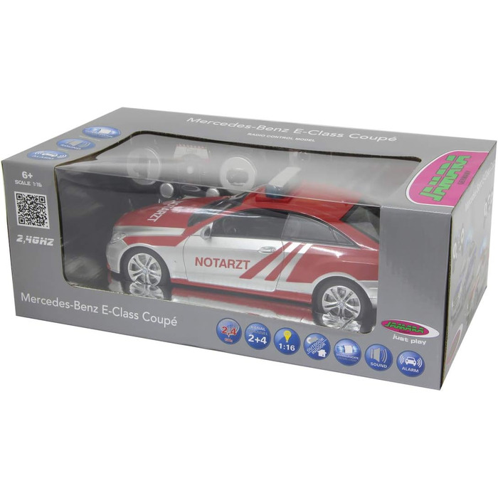 Модель Mercedes-Benz E350 Coupe 1:16 JAMARA 410023, 2.4GHz, срібно-червоний, зі звуковими та світловими ефектами (сирена, сигналізація, блимання)