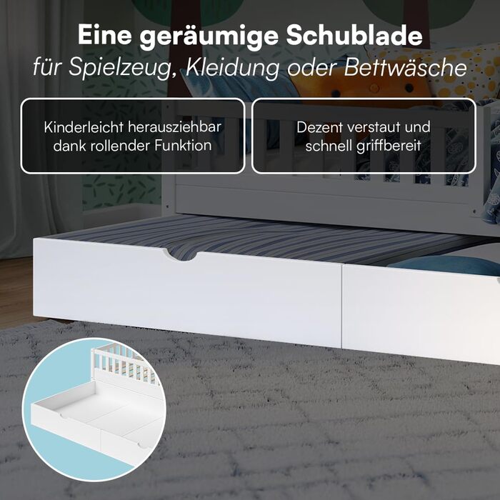 Ліжко дитяче Bellabino Vils 90x200 см з ящиком, захистом від падіння та ламелями – ліжко Монтессорі для дітей з масиву сосни, біле. Підходить для хлопчиків та дівчаток, з місцем для зберігання.