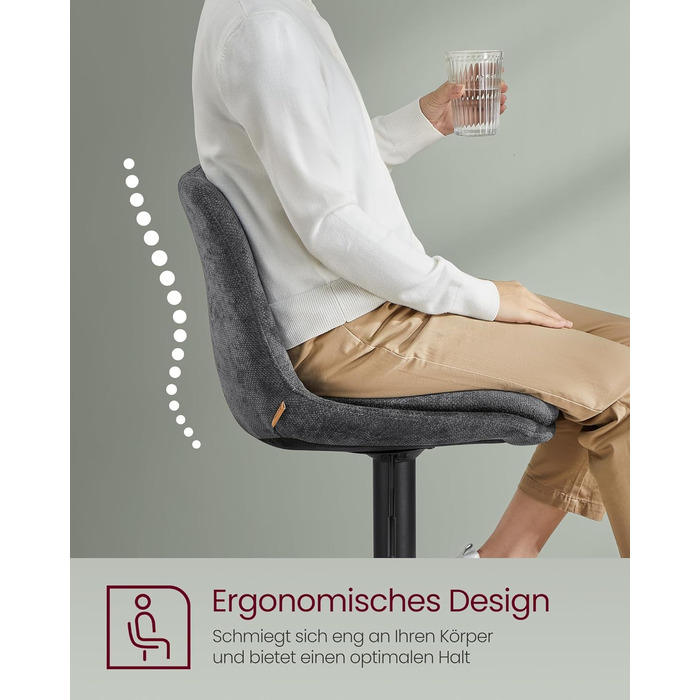 Барні стільці VASAGLE 2 шт., регульована висота, обертаються, зі спинкою та підніжкою, для кухні, їдальні, бару, сталеві, сіро-кам'яні, LJB195G02