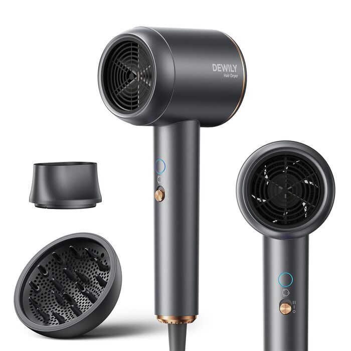 Іонний фен для волосся DEWILY з дифузором 1800 Вт, 3 температурних режими, компактний дорожній сунич для кучерявого волосся (сіро-чорний)