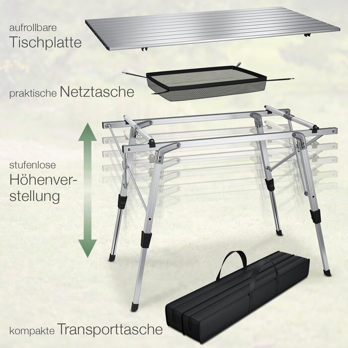 Кемпінговий стіл складний, алюмінієвий кемпінговий стіл, складаний стіл, відкритий розкладний стіл регулюється по висоті, в т.ч. практична сумка для перенесення до 30 кг (срібло)