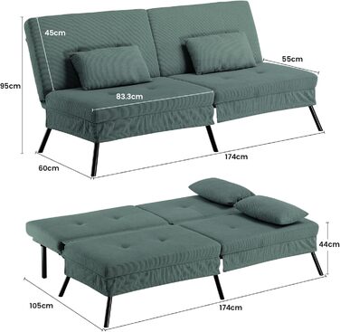 Диван-ліжко LUCKRACER 3-місний, трансформер, футон, кутовий диван, зелений, для вітальні та квартири