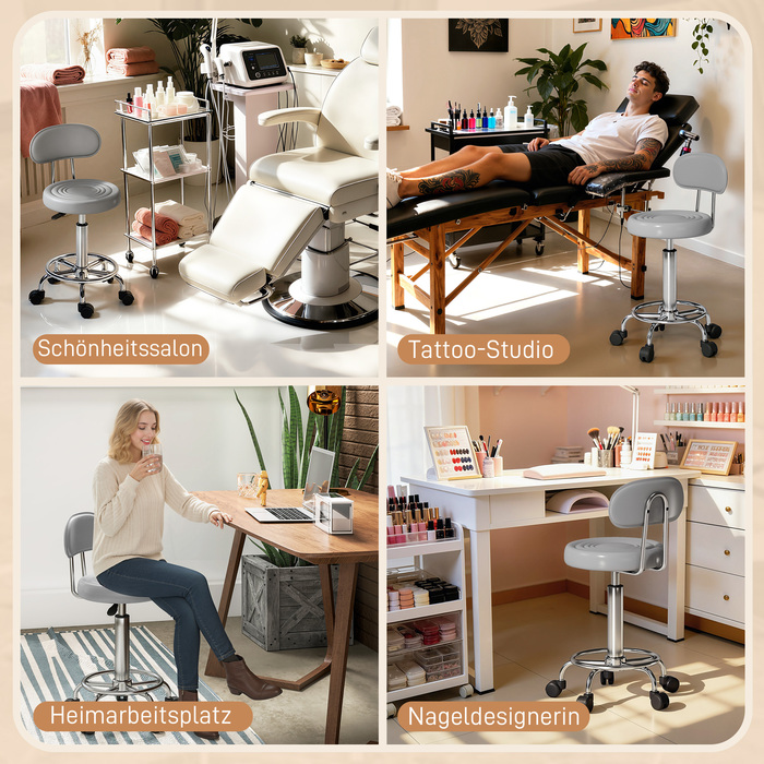 Регульований поворотний пуф з підніжкою та спинкою, обтягнутий штучною шкірою, сірого кольору. Ідеально підходить для перукарських салонів.