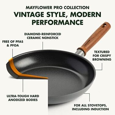 Сковорода GreenPan Mayflower Pro 24 см, керамічна антипригарна, без PFAS, індукційна, з дерев'яною ручкою, сіра