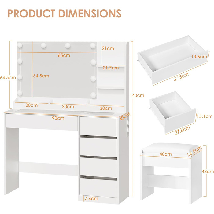 Трюмо з LED-підсвічуванням та пуфом ANWBROAD BDT74W, з дзеркалом, розетками та 5 шухлядами, сучасний білий колір