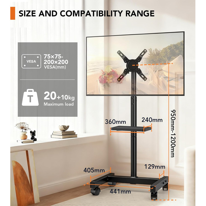 Підставка для телевізора Hemudu з колесами 23-60 дюймів, VESA 400x400 мм, до 35 кг, регульована висота