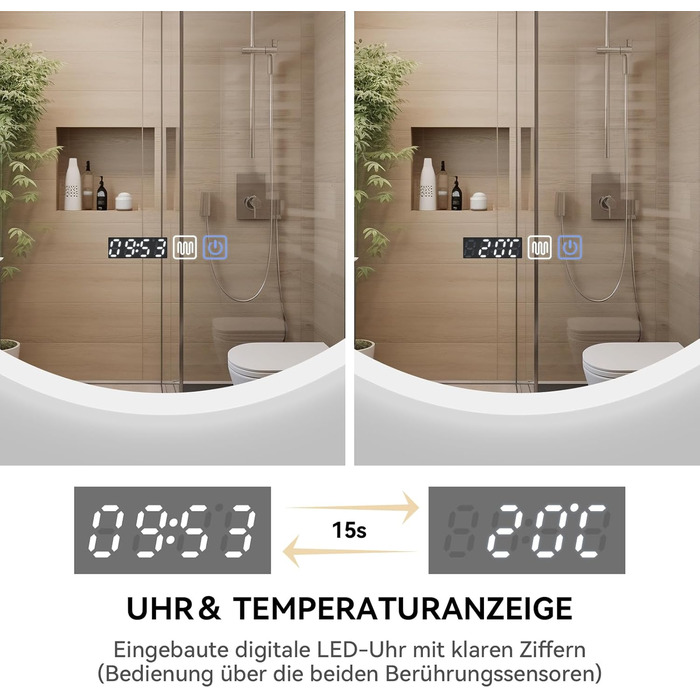 Дзеркало для ванної кімнати YOURLITE з підсвічуванням, діаметр 60 см, LED, 3 кольори, диммування, сенсорне управління, антизапар, пам'ять, IP44, білий