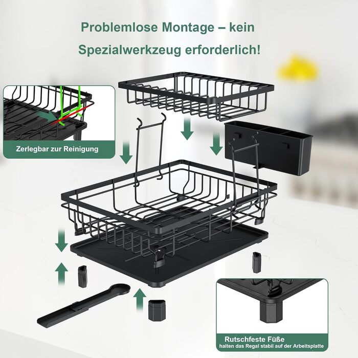 Сушарка для посуду ROTTOGOON розширювана, 2-ярусна, чорна: нержавіюча сталь, з висувним носиком та відділенням для столових приборів