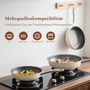 Набір сковорідок Koch Kode: керамічні сковороди 20, 24, 28 см з нержавіючою ручкою, індукційне дно, без PTFE та PFOA, придатні для миття в посудомийній машині та випікання, бежевий колір