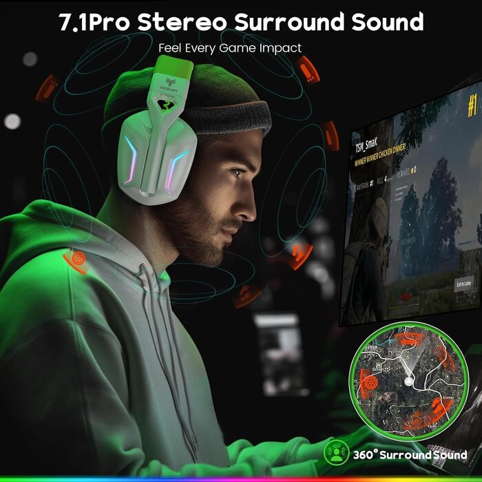 WESEARY WG1 Бездротові ігрові навушники з мікрофоном 2.4G для PS5, PS4, PC, Switch, Mac, Bluetooth, 7.1 Surround Sound, шумозаглушення, LED підсвітка, 50 годин роботи, Jade-Nebel