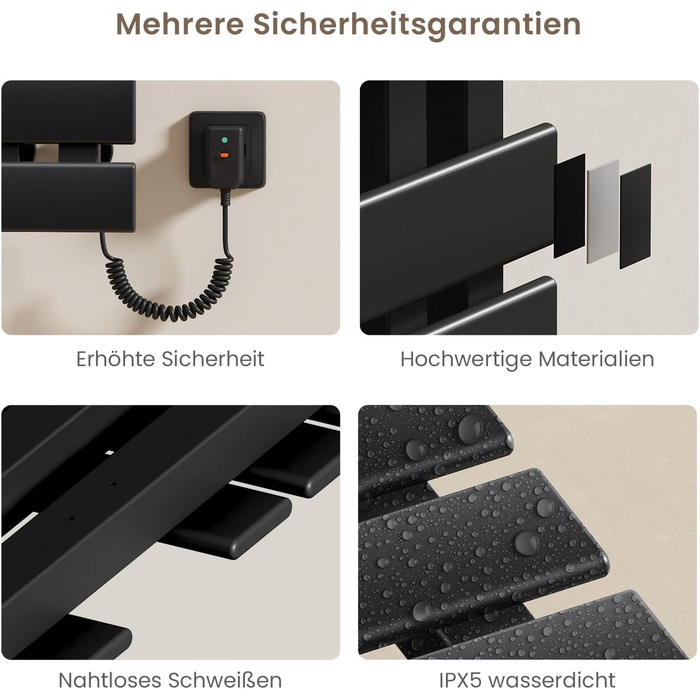 Електричний рушникосушар EMKE з Wi-Fi, 1000 x 500 мм, 320W (правий), чорний. Сумісний з Alexa та Google Home