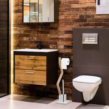 Комплект туалету Relaxdays стоячий, дерево та сталь, тримач для туалетного паперу зі щіткою, HBD 75 x 18,5 x 18,5 см, білий/натуральний