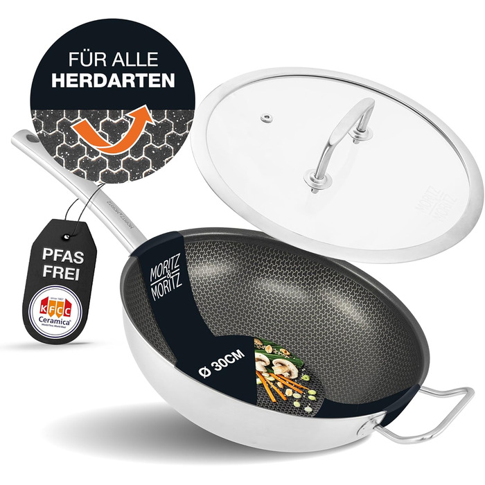 Вафельниця Moritz & Moritz з нержавіючої сталі 30 см з керамічним покриттям нового покоління - підходить для всіх типів плит - антипригарний вок з вафельною структурою для смаження, тушкування та варіння (з кришкою)