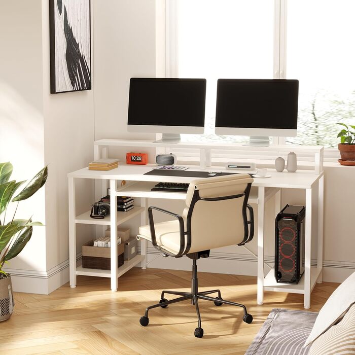 Комп'ютерний стіл для дому та офісу з підставкою для клавіатури, геймінговий стіл з підставкою для монітора та CPU-стійкою, сучасний стіл для навчання та роботи, білий, з полицями