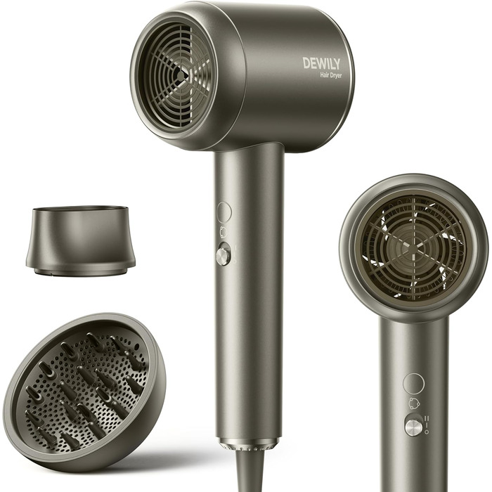 Іонний фен для волосся DEWILY 1800W з дифузором для кучерявого волосся, 3 температурні режими, 2 швидкості, компактний дорожній фен (матовий сірий)