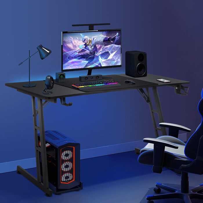 Ігровий стіл Kidsgigglz з LED-підсвічуванням, 120 x 60 см: ергономічний стіл для дому, офісу, кутовий комп'ютерний стіл з тримачем для напоїв та гачком для навушників (140 x 160 см - Z-подібна рама)