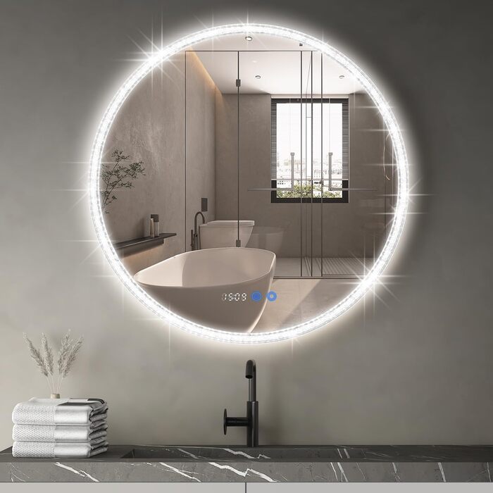 Дзеркало для ванної кімнати YOURLITE з підсвічуванням, діаметр 60 см, LED, 3 кольори, регулювання яскравості, сенсорна кнопка, антизапар, пам'ять, IP44, срібний