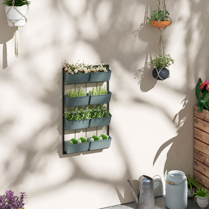 Сходинка для квітів / Квіткова сходинка, 8 ящиків для рослин, стекова, стійка до погодних умов, 52,5 x 14 x 90 см, Сірий + Чорний