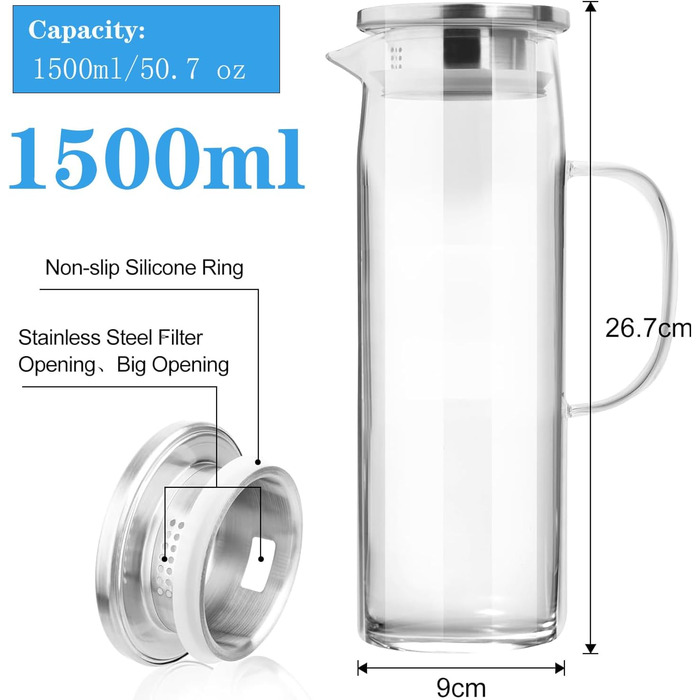 Скляна карафа для води 1.5л з кришкою, термостійка, для гарячих/холодних напоїв, вина, айс-ті та соків