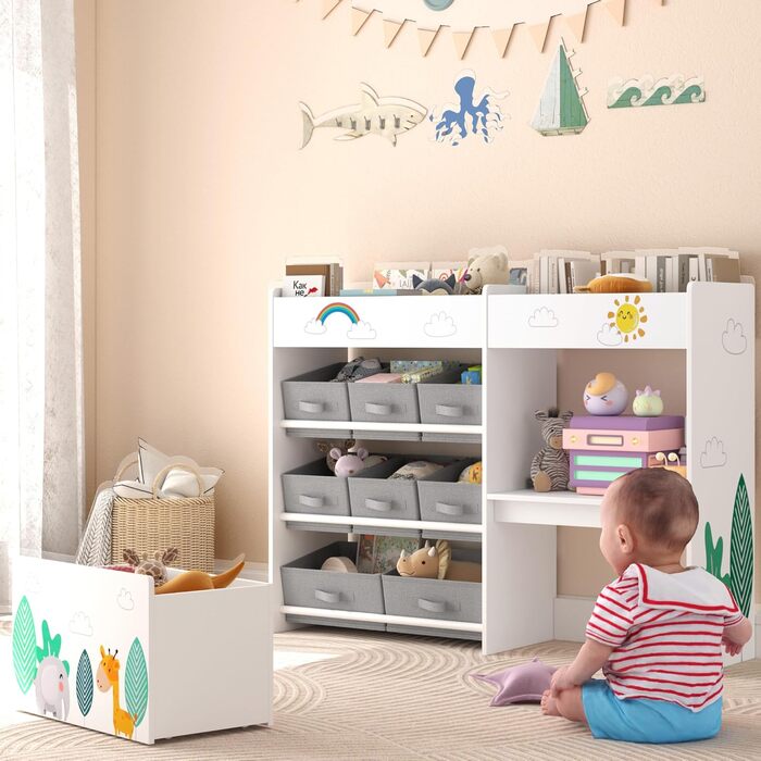 Дитяча полиця для іграшок HOCSOK з 10 тканинними коробками для зберігання, полиця для книг, іграшковий ящик на колесах, органайзер для іграшок у дитячій кімнаті, білий
