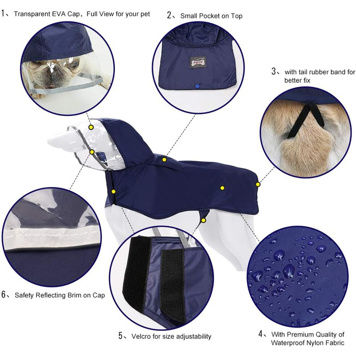 Дощовик для собак BePetMia, водонепроникна куртка для собак (S шия 34-39 см, груди 38-48 см, синій)