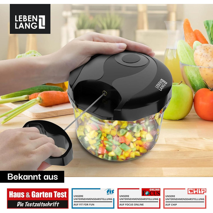 Ручний подрібнювач овочів та цибулі LEBENLANG 1л | Без BPA | Чорний | Для цибулі, часнику, овочів | Багатофункціональний кухонний подрібнювач