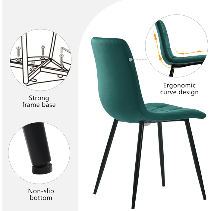 KUAKE Комплект обідньої групи: стіл 117x68 см та 4 стільці. Сучасний прямокутний обідній стіл та комплект стільців для кухні. Тканина темно-сірого льону, чорні ніжки столу (темно-зелений)