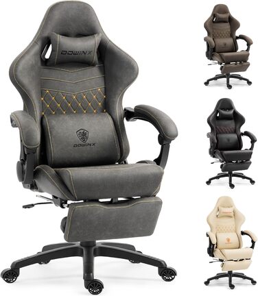 Ігрове крісло Dowinx з підніжкою, масажером попереку та офісним комфортом, до 200 кг, регулювання спинки 165°, сірий