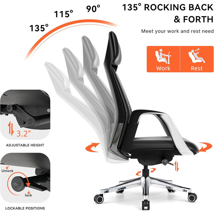 Крісло офісне EUREKA ERGONOMIC з шкіри, чорне: регульоване, ергономічне, для офісу та дому
