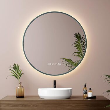 LED дзеркало для ванної кімнати EMKE, діаметр 80 см, з підсвіткою, сенсорне керування, антизапар, годинник, температура, регулювання яскравості, пам'ять, нейтральне світло, чорний колір, зелений каркас (60x60 см)