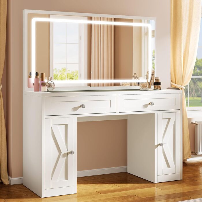 Туалетний столик YITAHOME з LED-дзеркалом, регульоване 3-кольорове освітлення, скляна стільниця, вбудована розетка, для спальні, 115 x 40 x 134 см, білий