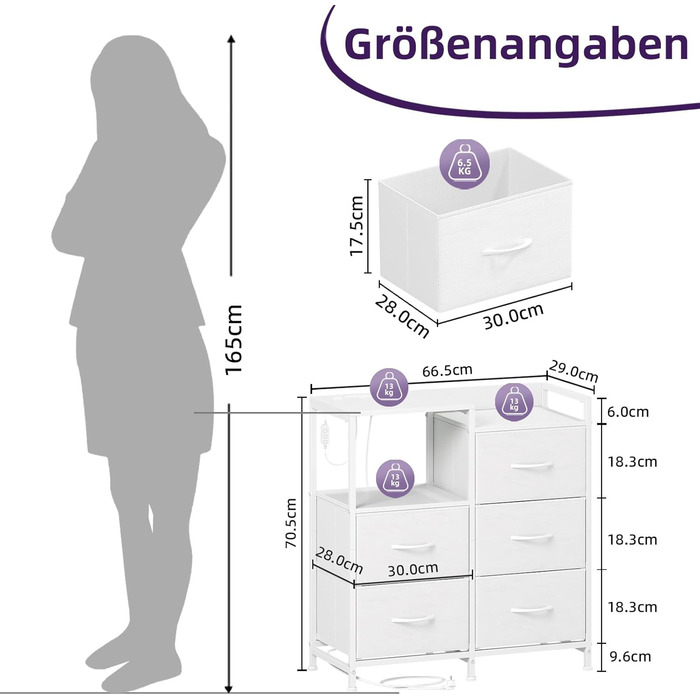 Комод з ящиками для спальні, вітальні, коридору Somdot з LED-підсвіткою та розетками (2 AC, 1 USB, 1 Type-C), 5 тканинних ящиків, білий, 29T x 66,5B x 70,5H см, штучна шкіра