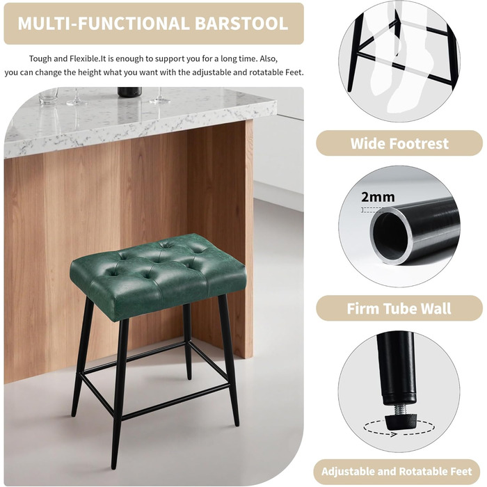 Набір з 2 барних стільців, м'яке сидіння з мікрофібри, ретро дизайн з підніжкою, висота 62.5 см, без спинки, для кухні, бістро, їдальні - сірий (зелений туфтинг)