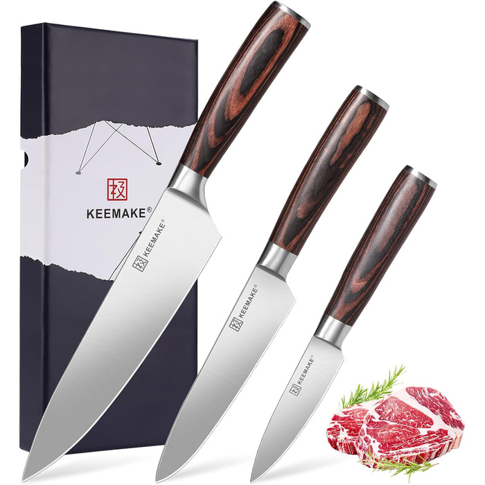 Набір кухонних ножів Keemake, 7-кількісний з дерев'яним блоком, професійний, з нержавіючої сталі, з пластиковою ручкою